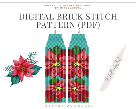 Poinsettia Brick Stitch pattern for fringe beaded earrings - NikoBeadsUA