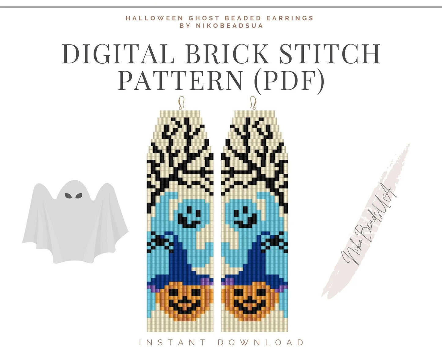 Halloween Ghost Brick Stitch pattern for fringe beaded earrings - NikoBeadsUA