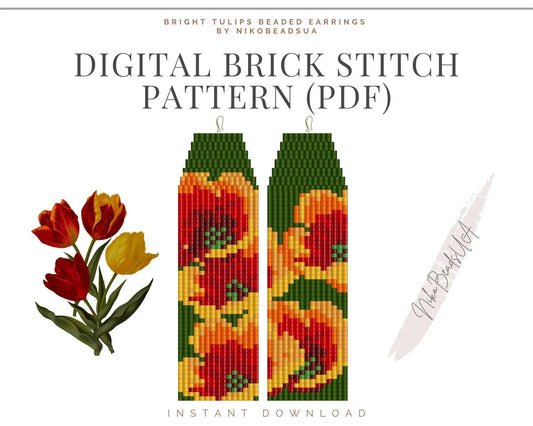 Bright Tulips Brick Stitch pattern for fringe beaded earrings - NikoBeadsUA