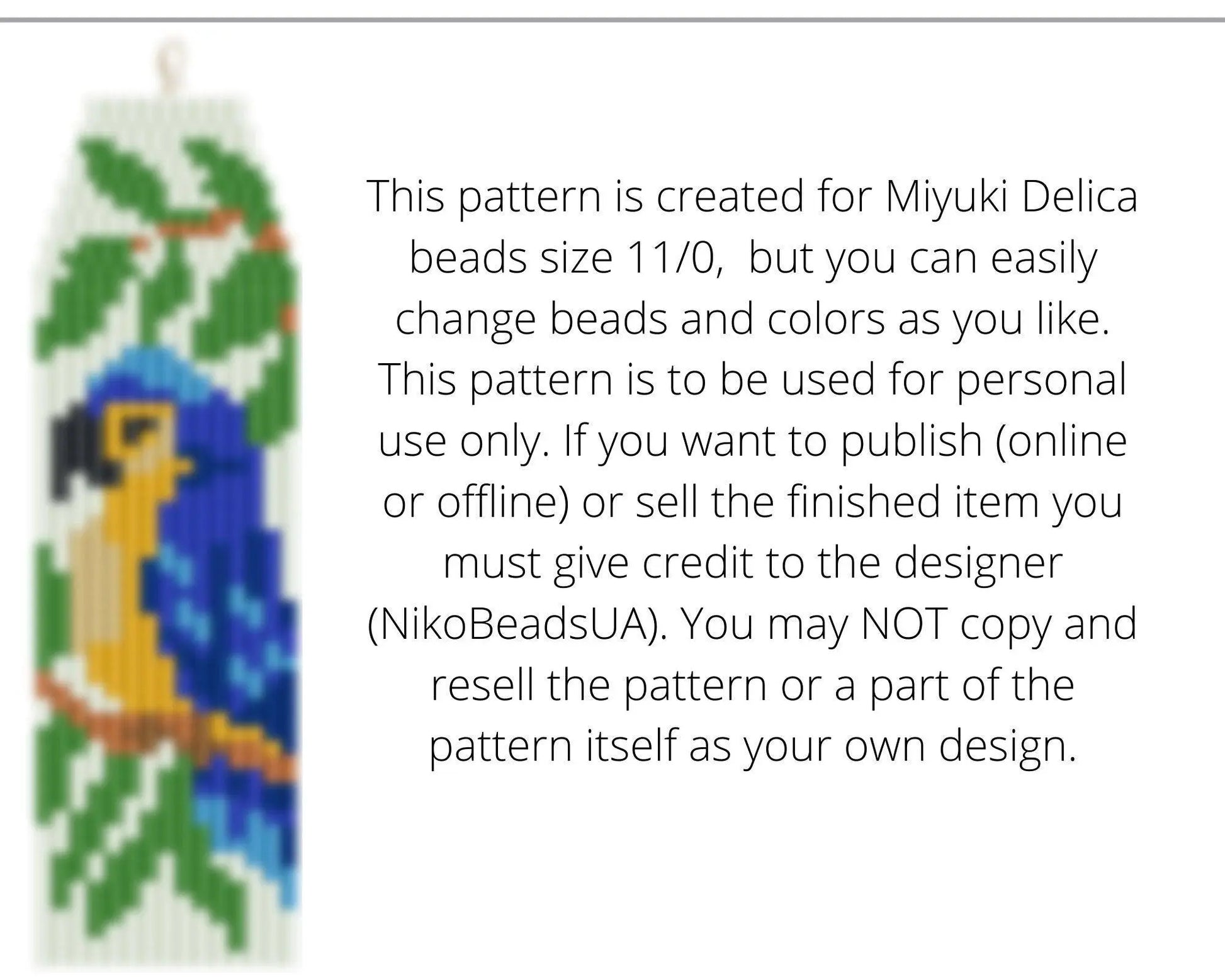 Blue Parrot Brick Stitch pattern for fringe beaded earrings - NikoBeadsUA