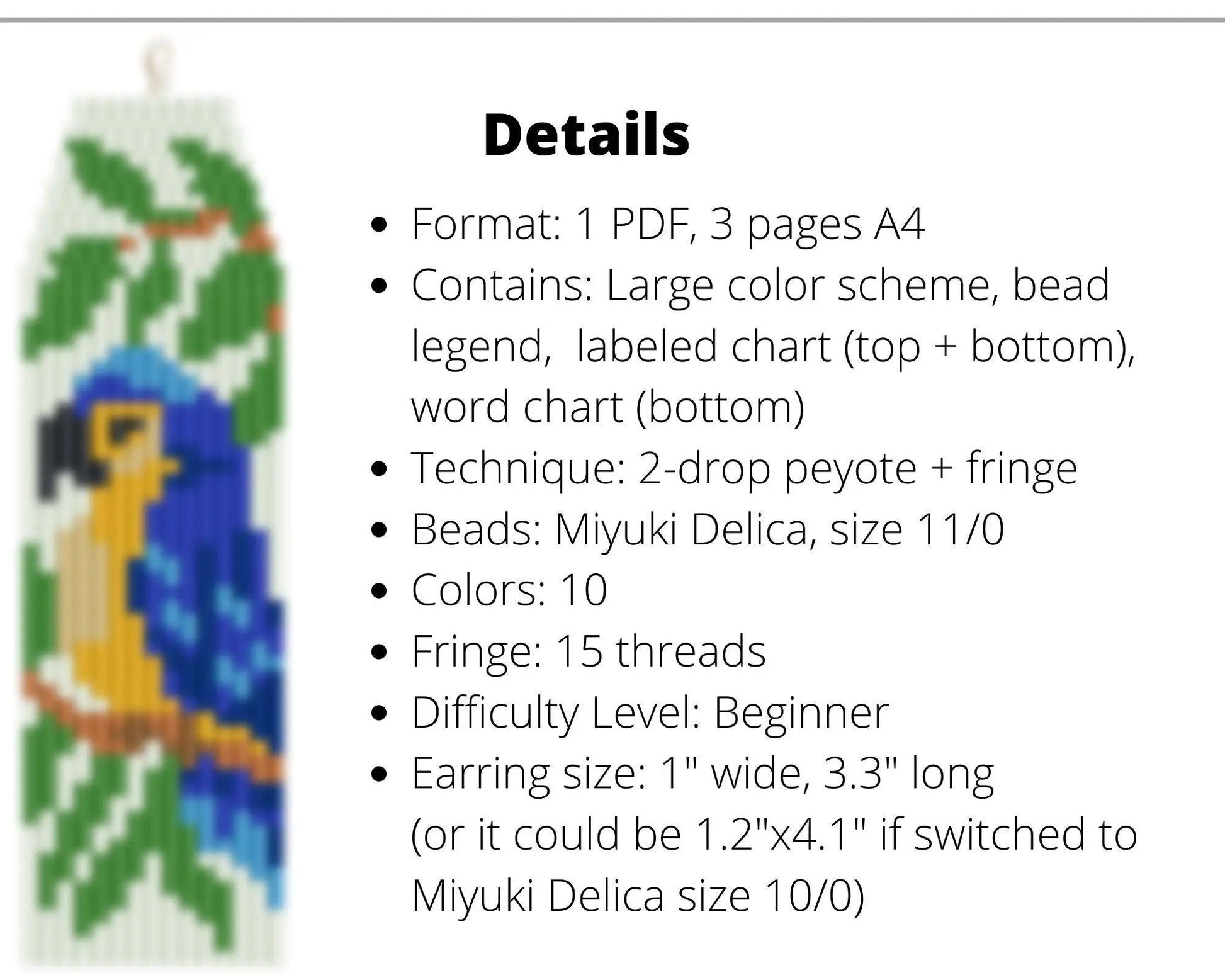 Blue Parrot Brick Stitch pattern for fringe beaded earrings - NikoBeadsUA