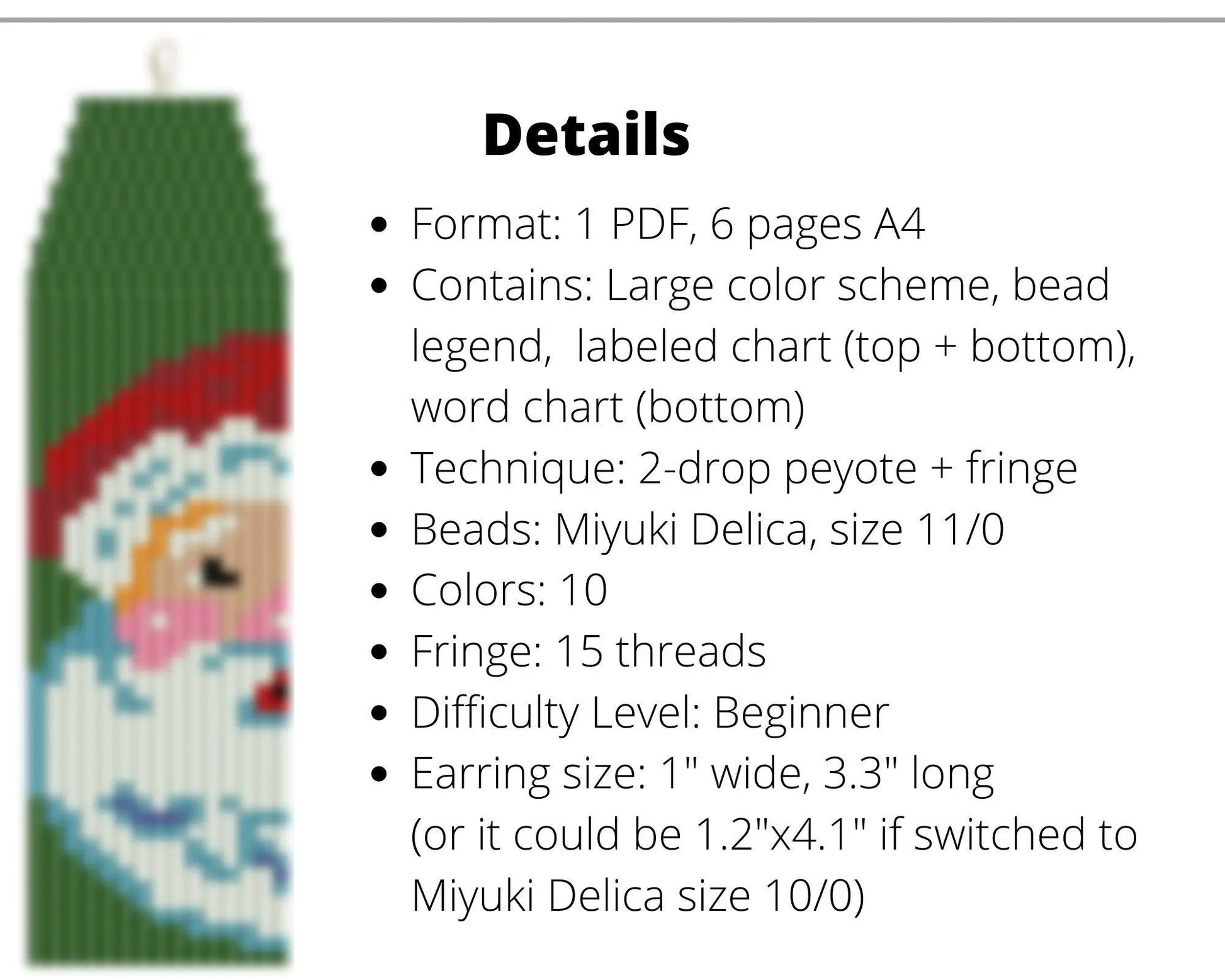 Santa Face Brick Stitch pattern for fringe beaded earrings - NikoBeadsUA