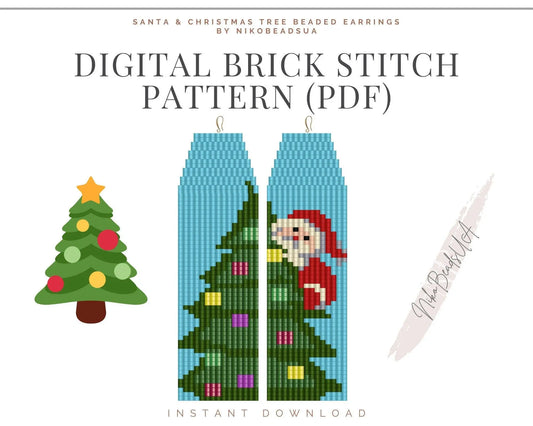 Santa and Christmas Tree Brick Stitch pattern for fringe beaded earrings - NikoBeadsUA