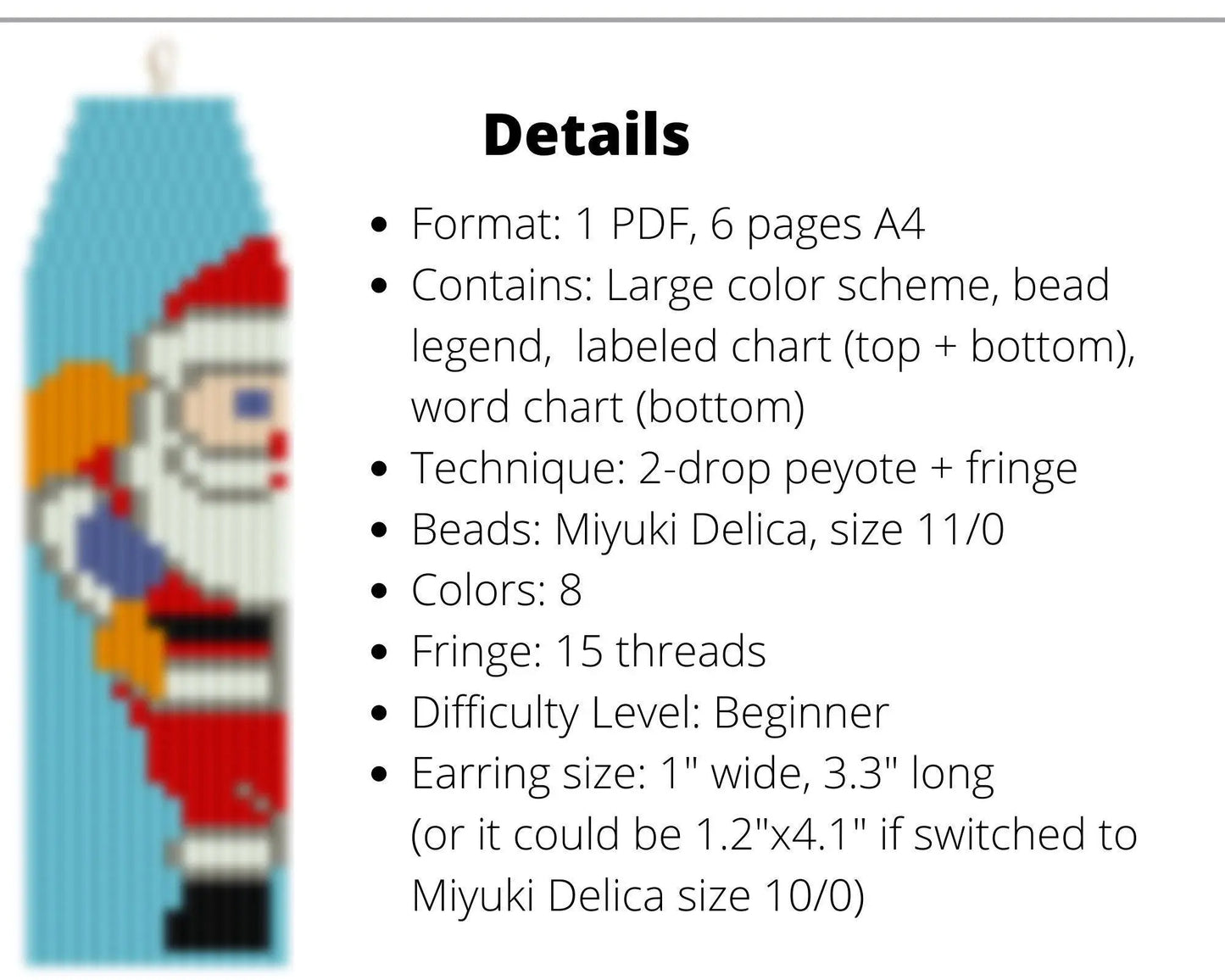 Large Santa Brick Stitch pattern for fringe beaded earrings, Christmas pattern, DIY beaded earrings pattern for Miyuki Delica - NikoBeadsUA