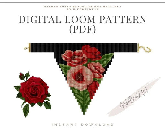 Garden Roses Fringe Loom pattern for beaded necklace - NikoBeadsUA