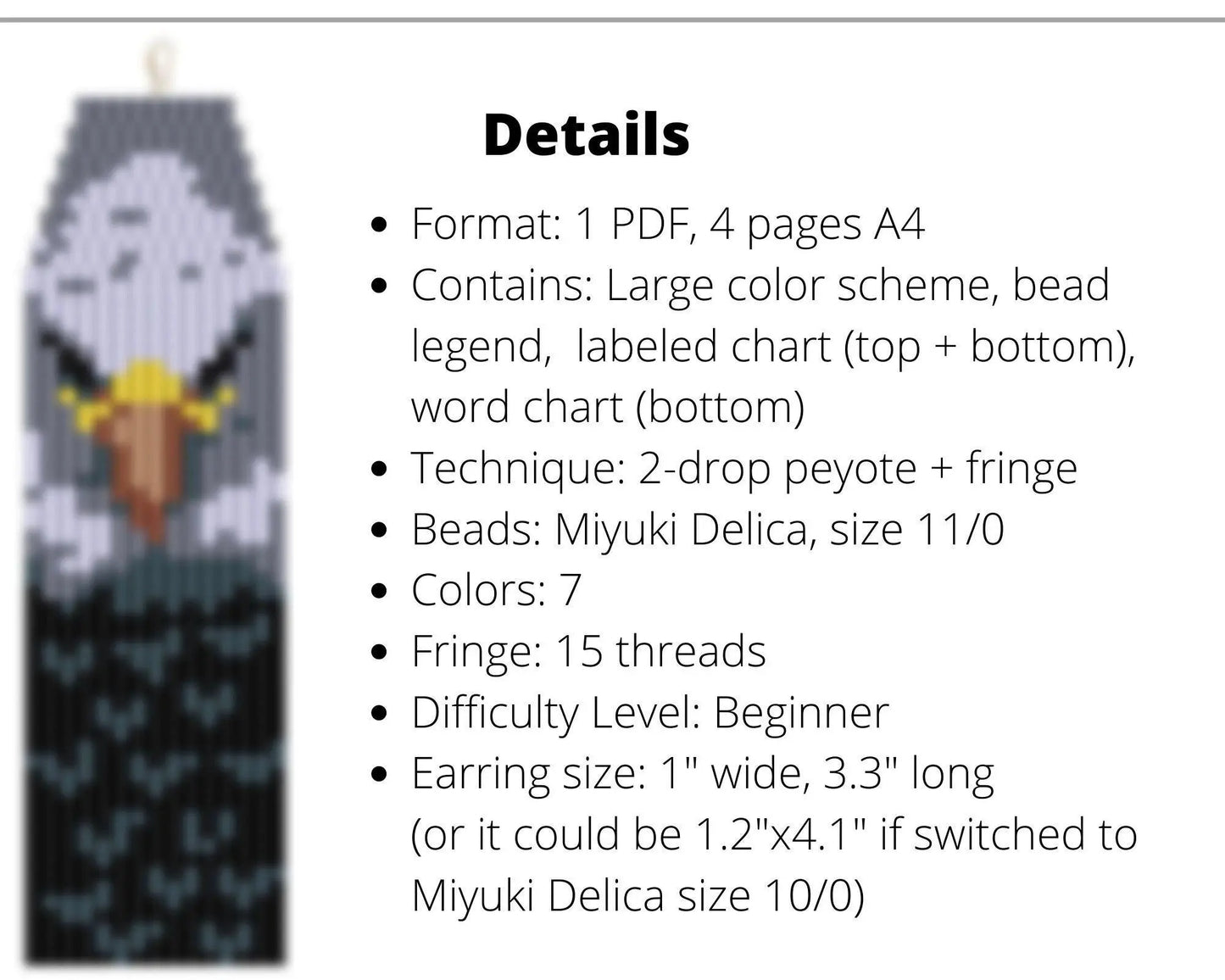 Bald Eagle Brick Stitch pattern for fringe beaded earrings - NikoBeadsUA