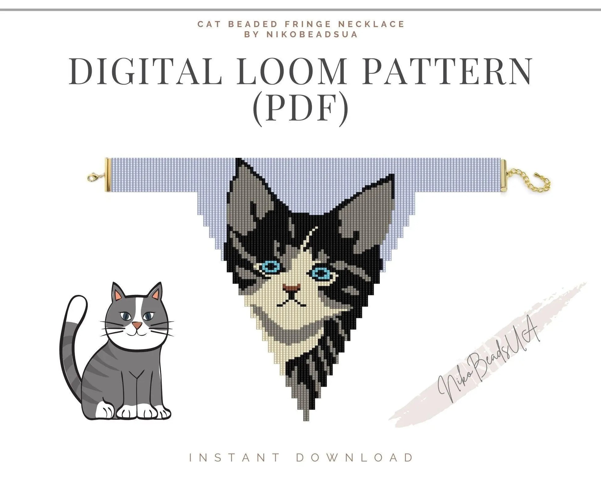 Cat Beaded Loom Necklace Pattern with Fringe - DIY Jewelry Tutorial - NikoBeadsUA