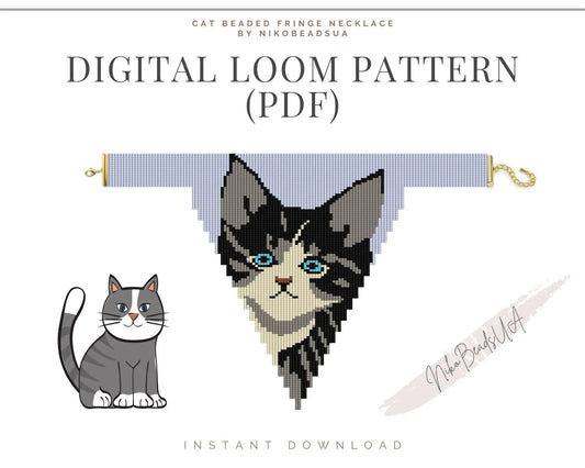 Cat Beaded Loom Necklace Pattern with Fringe - DIY Jewelry Tutorial - NikoBeadsUA