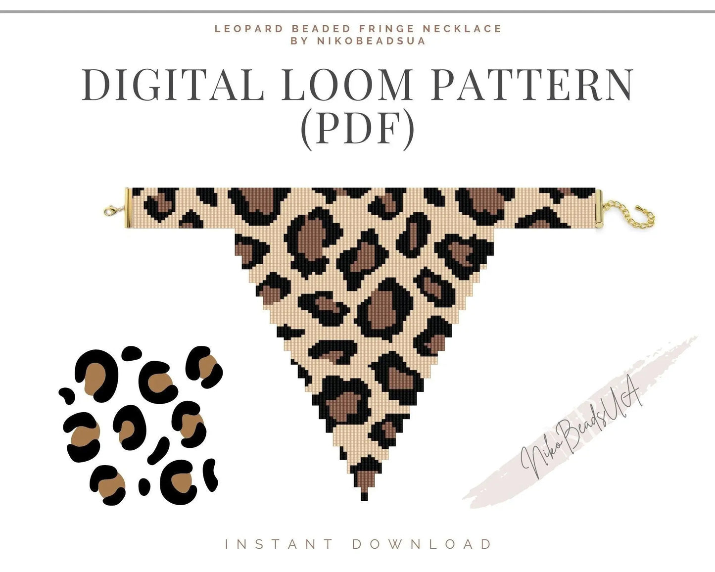 Leopard Beaded Loom Necklace Pattern with Fringe - DIY Jewelry Tutorial - NikoBeadsUA