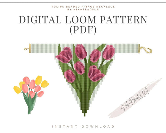 Tulips Beaded Loom Fringe Necklace Pattern - DIY Boho Jewelry - NikoBeadsUA