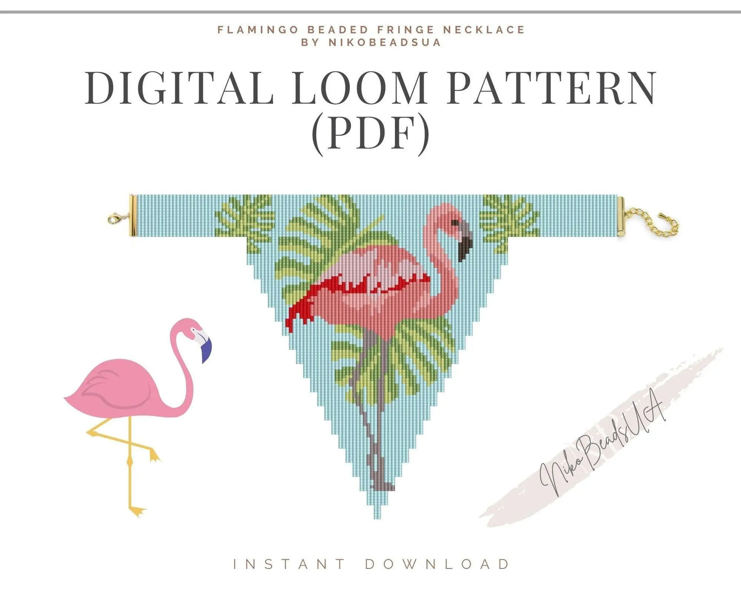 Flamingo Beaded Loom Necklace Pattern with Fringe - DIY Jewelry Tutorial - NikoBeadsUA