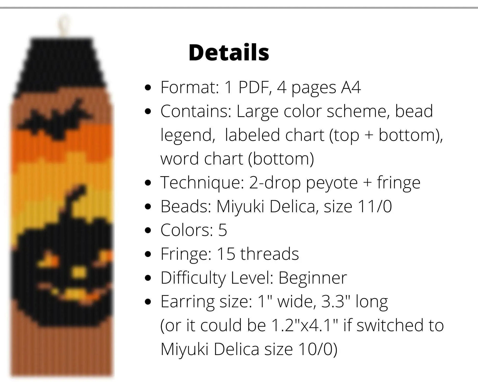 Halloween Brick Stitch pattern for fringe beaded earrings, pumpkin pattern - NikoBeadsUA