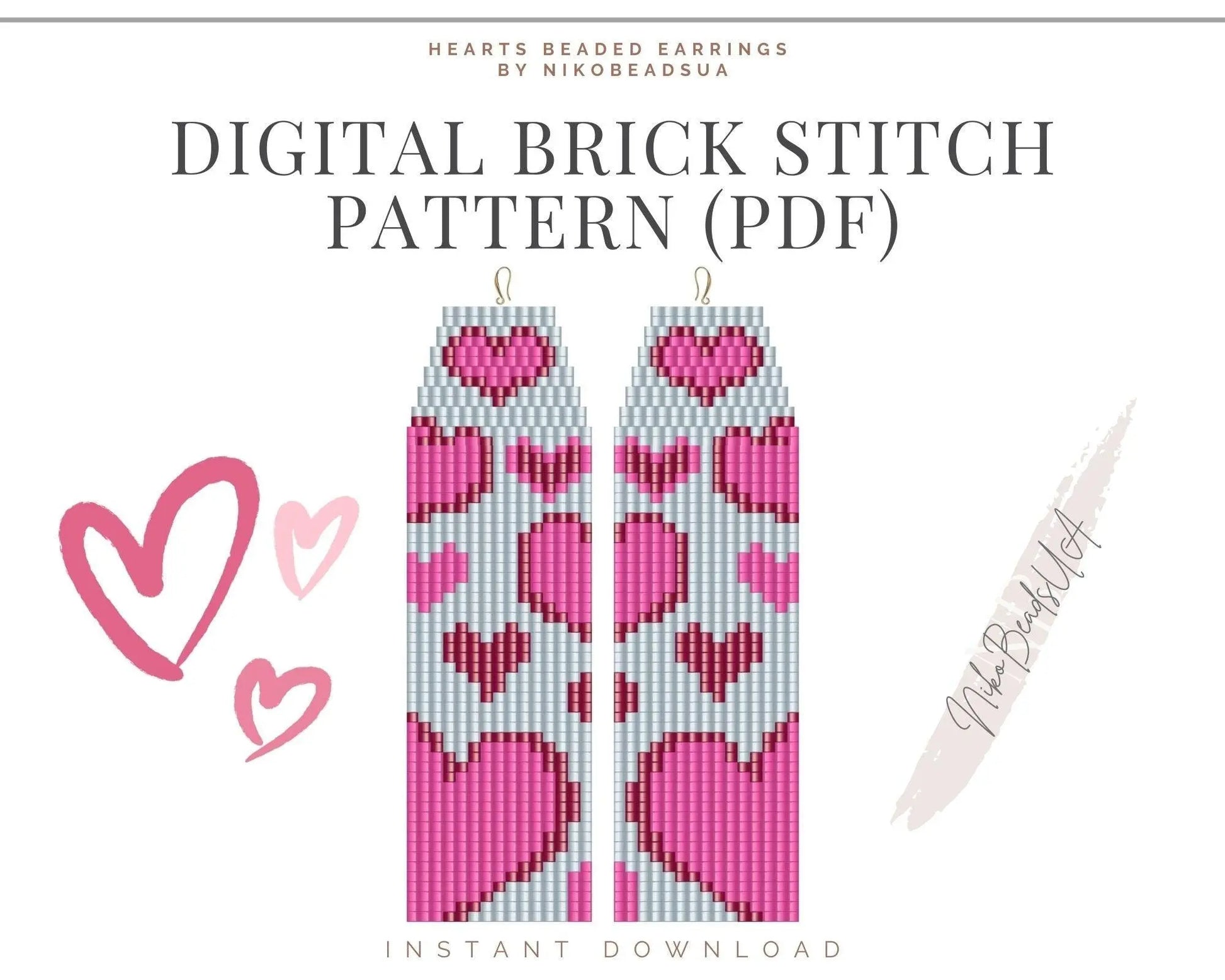 Hearts Brick Stitch pattern for fringe beaded earrings - NikoBeadsUA