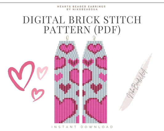 Hearts Brick Stitch pattern for fringe beaded earrings - NikoBeadsUA