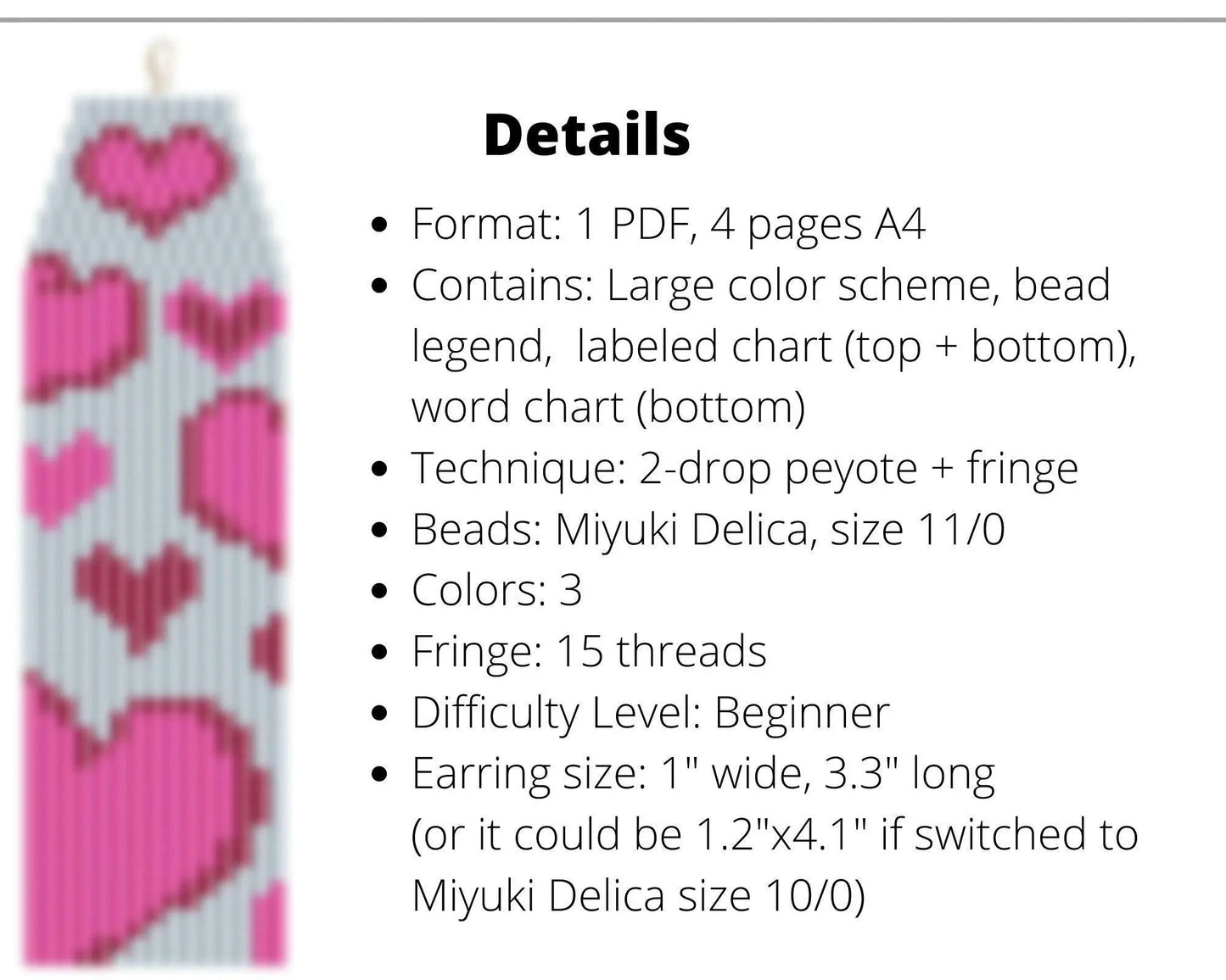Hearts Brick Stitch pattern for fringe beaded earrings - NikoBeadsUA