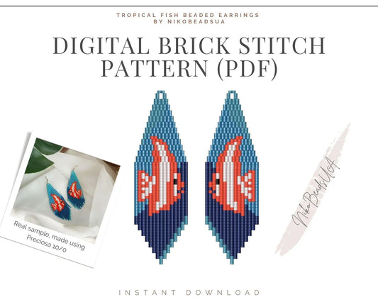 Tropical Fish Brick Stitch pattern for fringe beaded earrings, butterfly fish pattern for Preciosa beads - NikoBeadsUA
