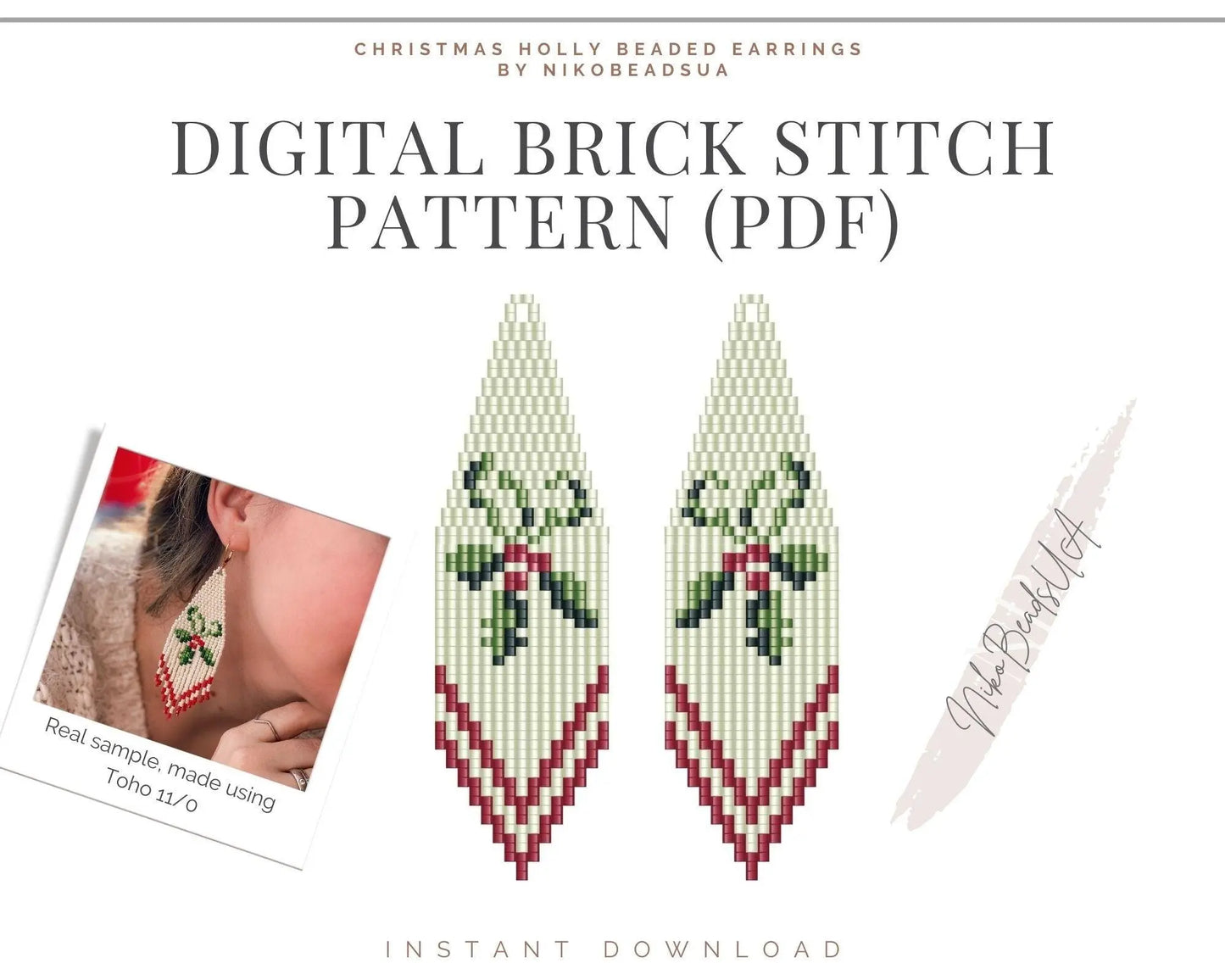 Christmas Holly Brick Stitch pattern for beaded fringe earrings - NikoBeadsUA