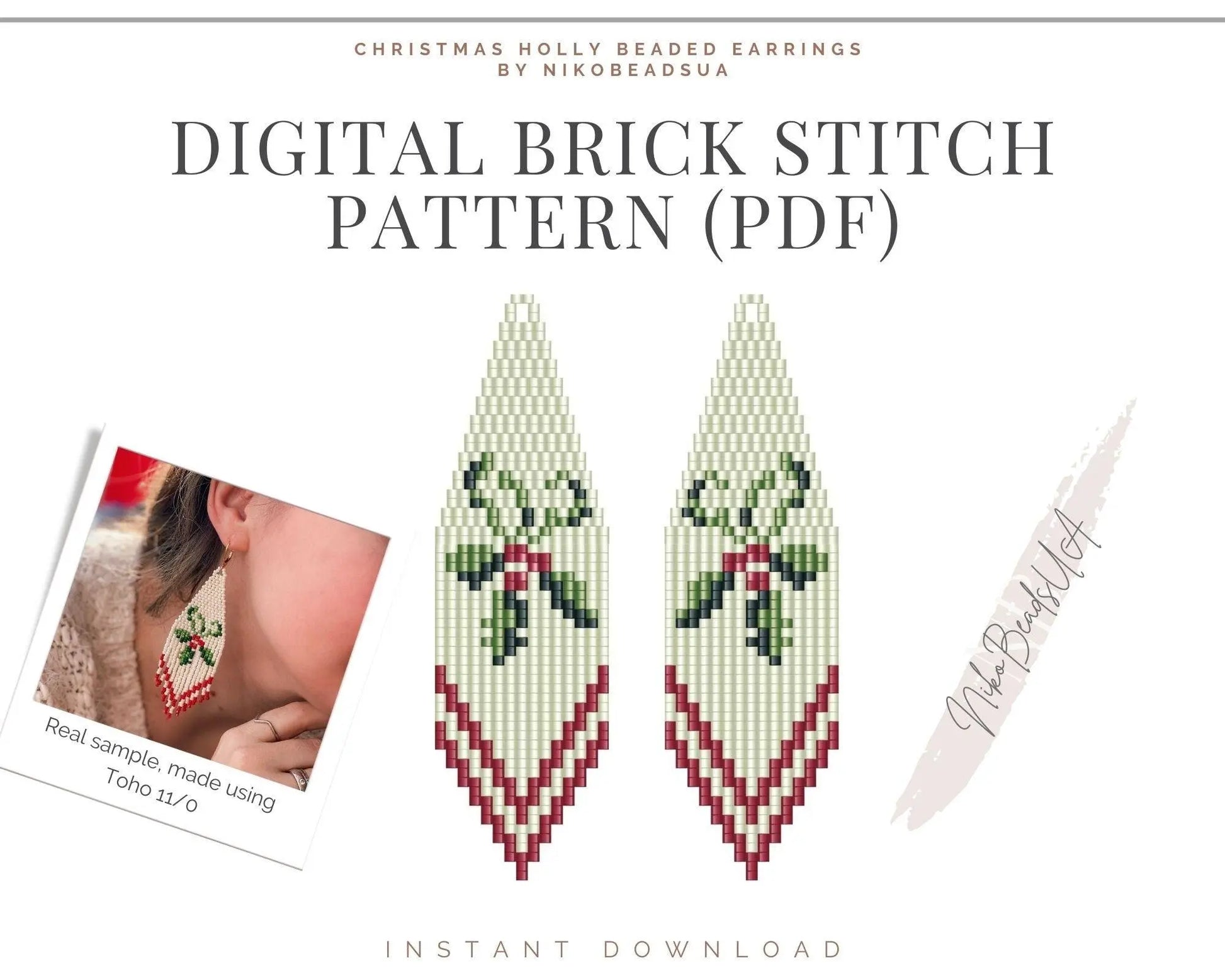 Christmas Holly Brick Stitch pattern for beaded fringe earrings - NikoBeadsUA