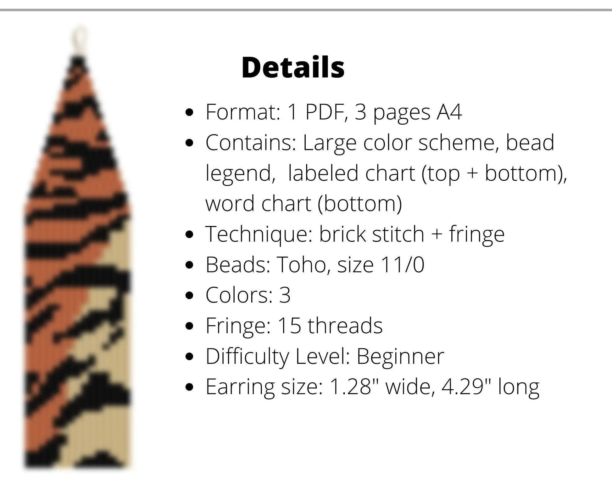 Tiger Brick Stitch pattern for fringe beaded earrings - Toho beads - NikoBeadsUA