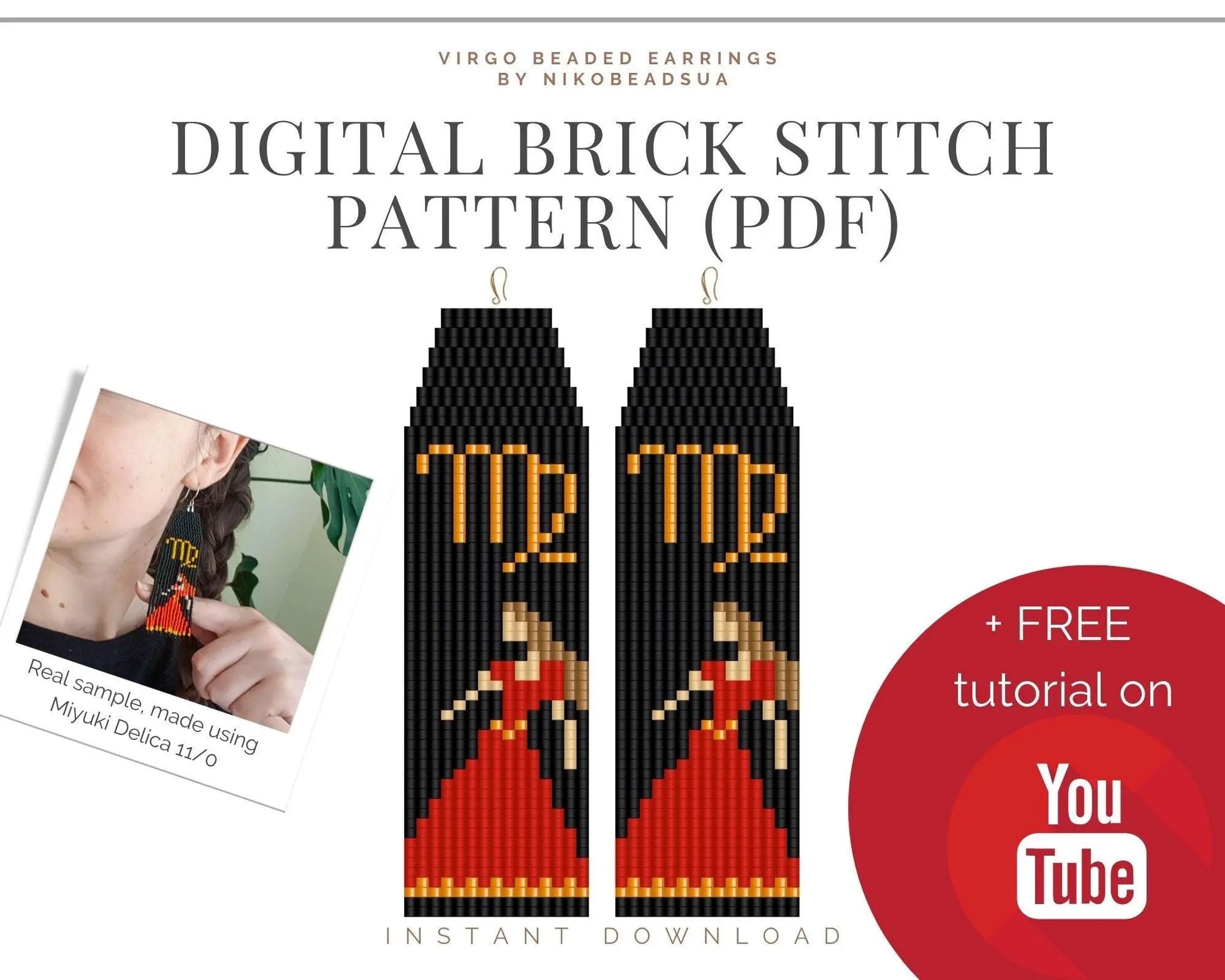 Zodiac Virgo Brick Stitch pattern for fringe beaded earrings - NikoBeadsUA