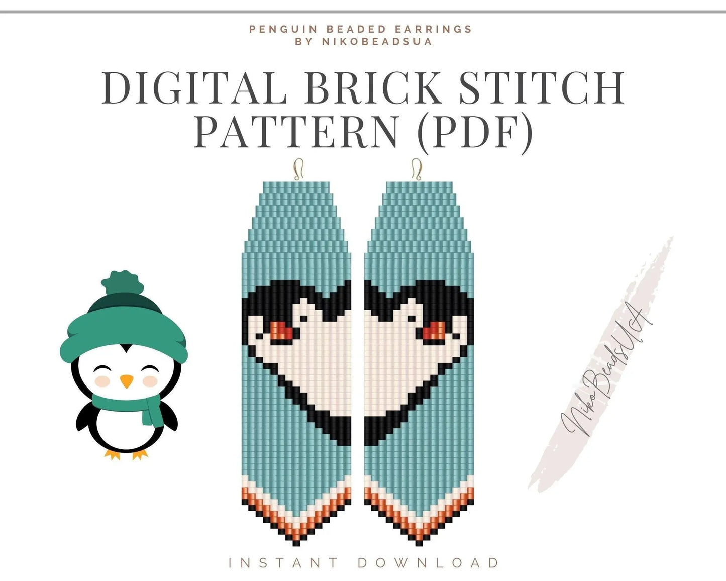 Penguin Brick Stitch pattern for fringe beaded earrings - NikoBeadsUA