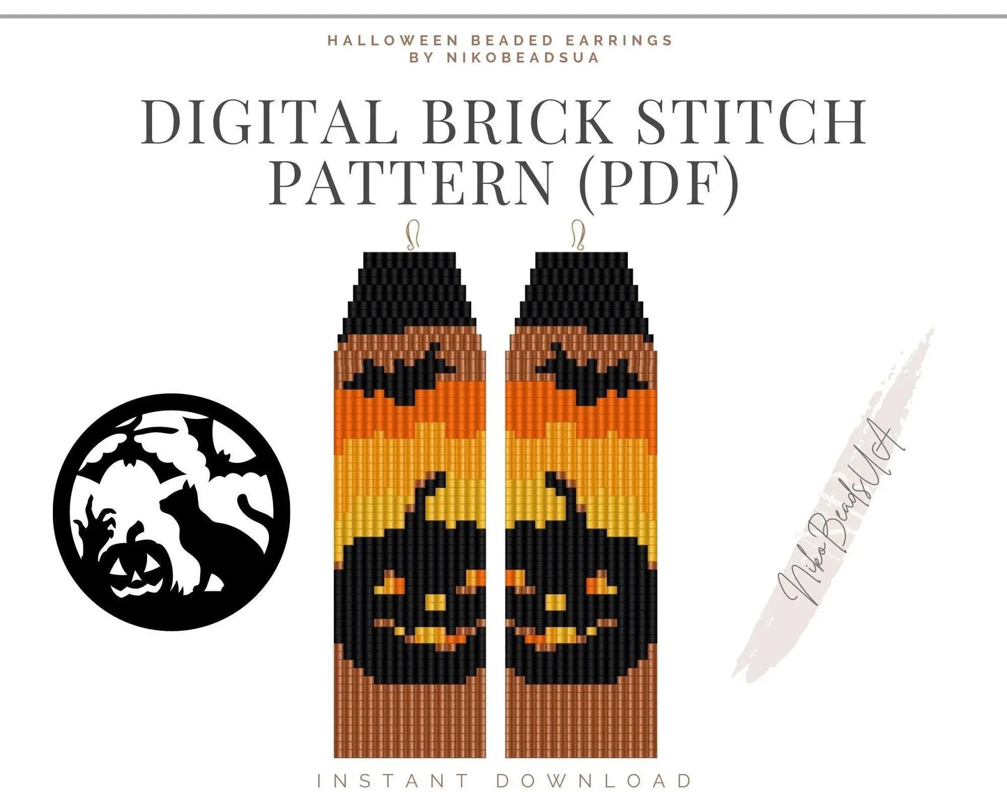 Halloween Brick Stitch pattern for fringe beaded earrings, pumpkin pattern - NikoBeadsUA