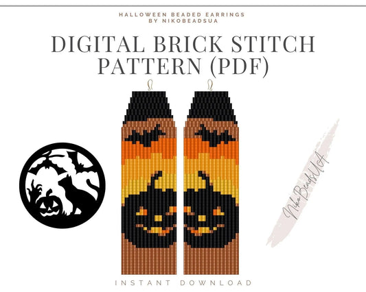 Halloween Brick Stitch pattern for fringe beaded earrings, pumpkin pattern - NikoBeadsUA