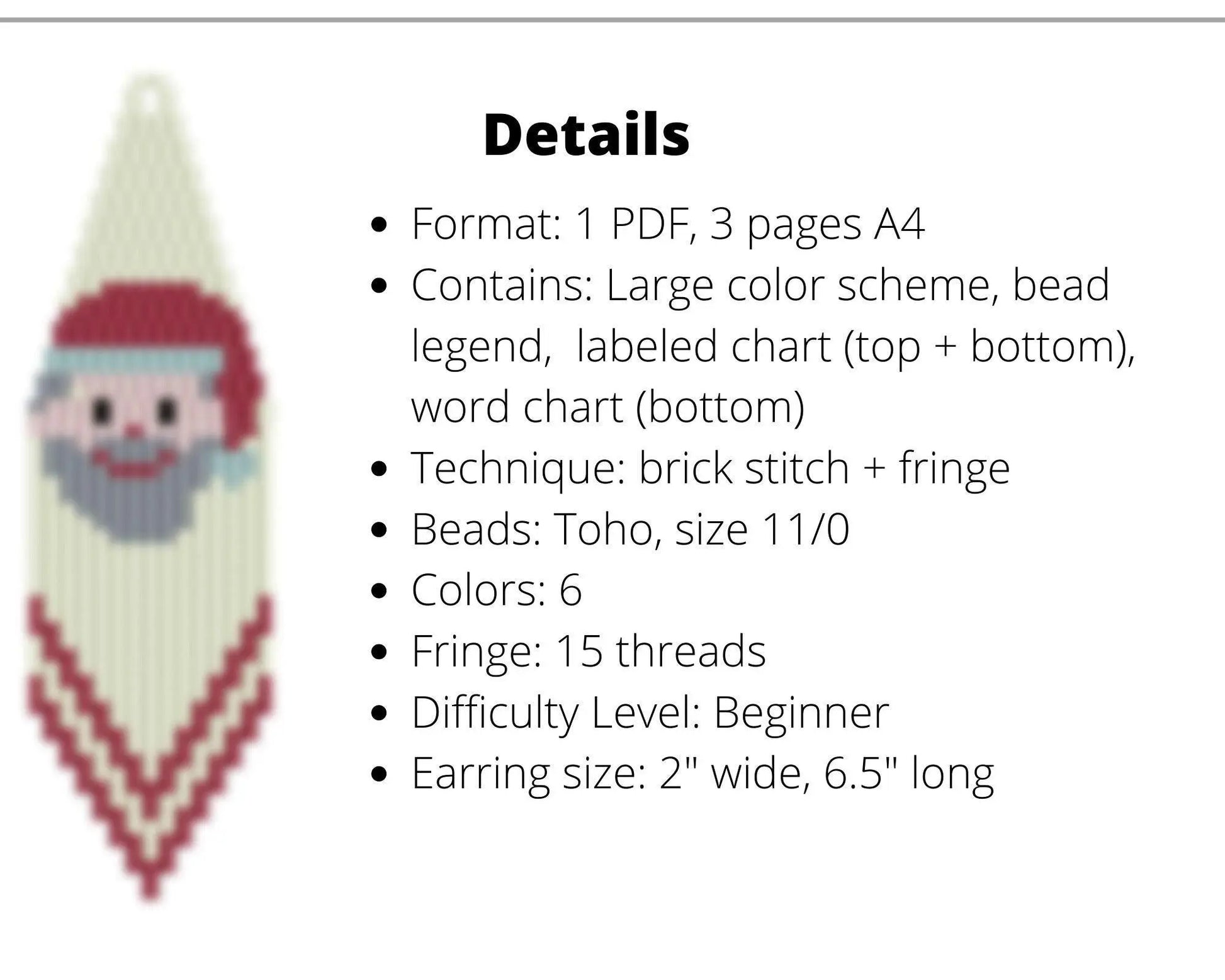 Santa Claus Brick Stitch pattern for beaded fringe earrings - Toho beads - NikoBeadsUA