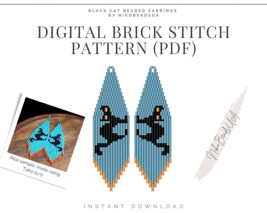 Black Cat Brick Stitch pattern for beaded fringe earrings - Toho beads - NikoBeadsUA