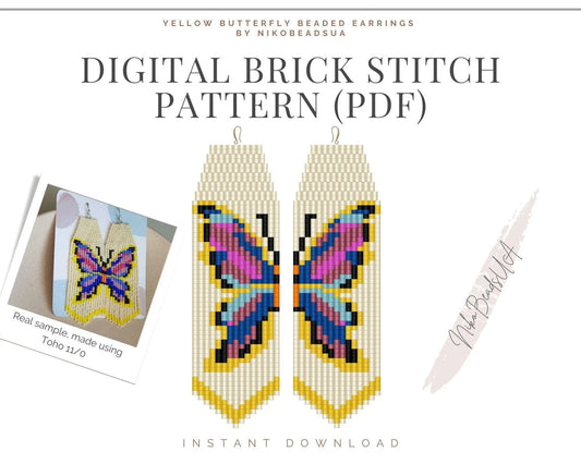 Yellow Butterfly Brick Stitch pattern for fringe beaded earrings - NikoBeadsUA