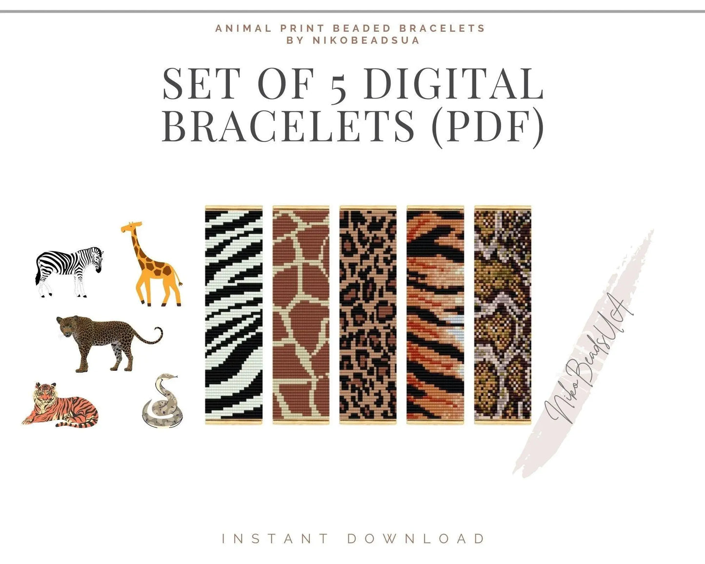 Set of 5 Animal Print Loom Bracelets patterns for Miyuki Delica - NikoBeadsUA
