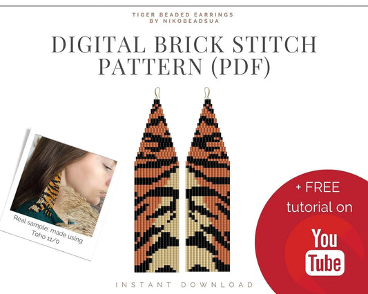 Tiger Brick Stitch pattern for fringe beaded earrings - Toho beads - NikoBeadsUA