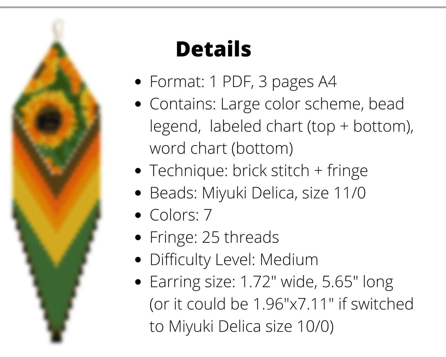 Sunflower Brick Stitch pattern for fringe beaded earrings with diamond top - NikoBeadsUA