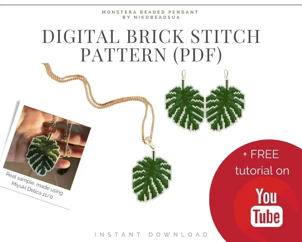 Monstera Brick Stitch pattern for beaded pendant and earrings NikoBeadsUA