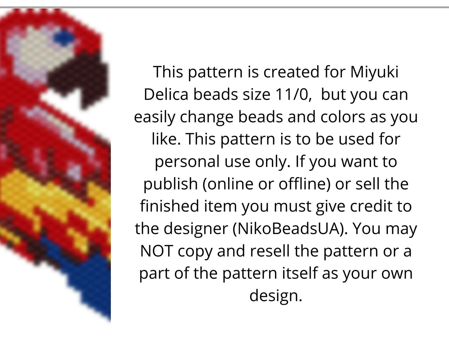 Parrot Brick Stitch pattern for beaded pendant and earrings NikoBeadsUA