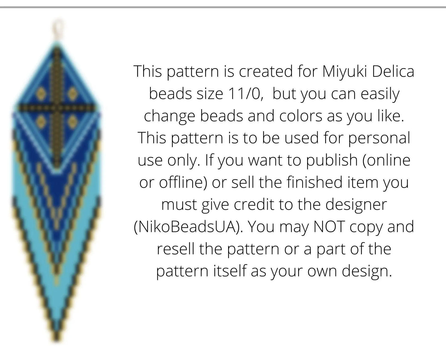 Blue Cross Brick Stitch pattern for fringe beaded earrings with diamond top - NikoBeadsUA