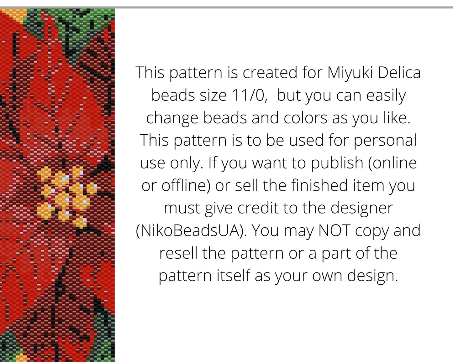 Poinsettia even peyote and loom patterns for beaded bracelet or bookmark NikoBeadsUA