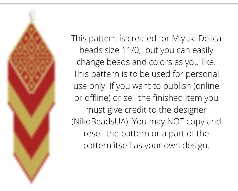 Red & Gold Brick Stitch pattern for fringe beaded earrings with diamond top NikoBeadsUA