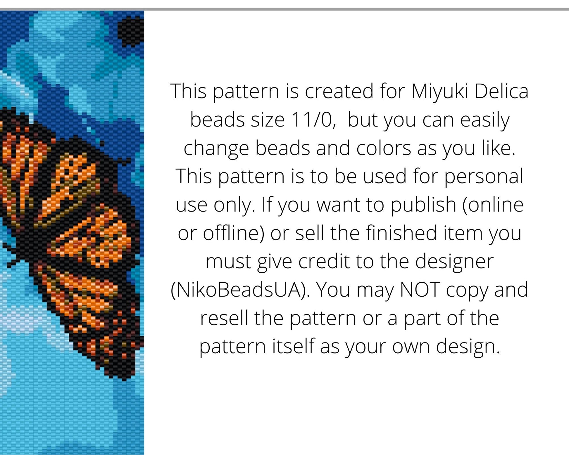 Butterfly in Blue Flowers even peyote and loom patterns for beaded bracelet or bookmark NikoBeadsUA