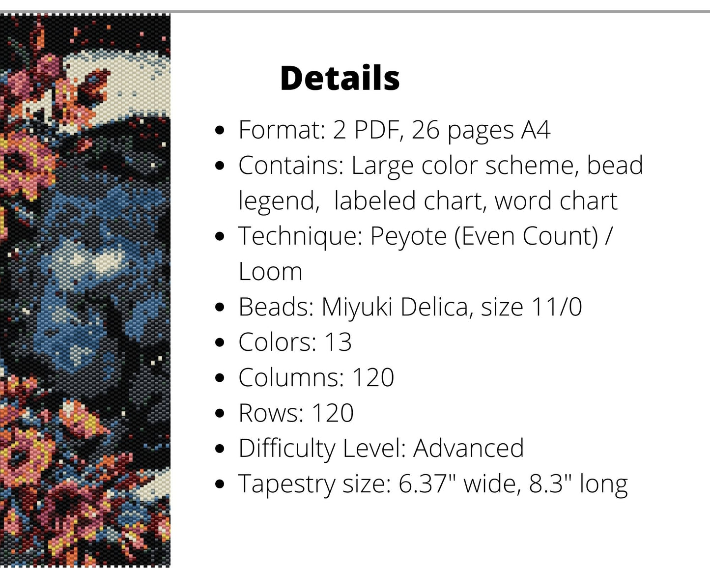 Floral Moon even peyote and loom patterns for beaded tapestry
