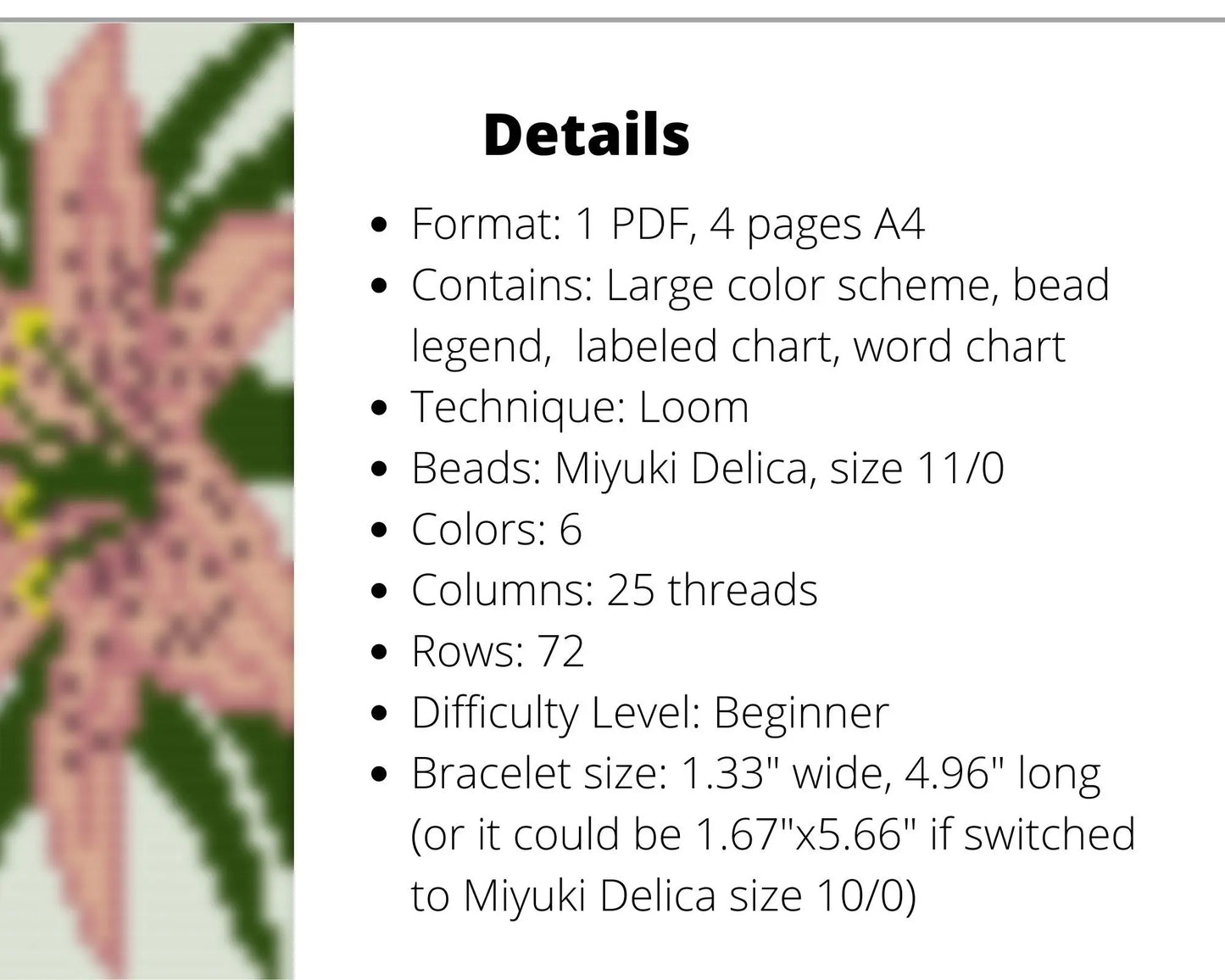 Pink Lily Loom pattern for beaded bracelet NikoBeadsUA