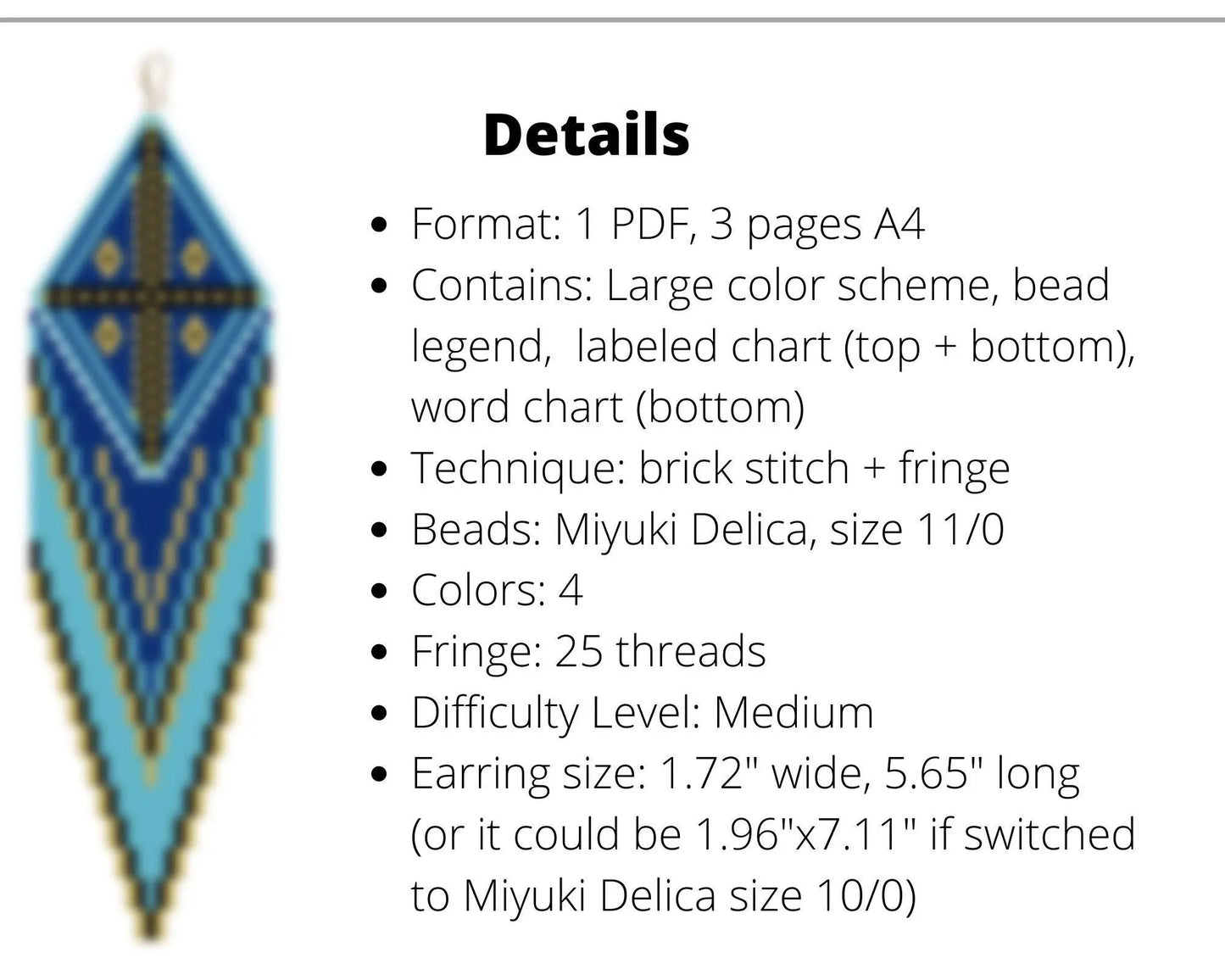 Blue Cross Brick Stitch pattern for fringe beaded earrings with diamond top - NikoBeadsUA