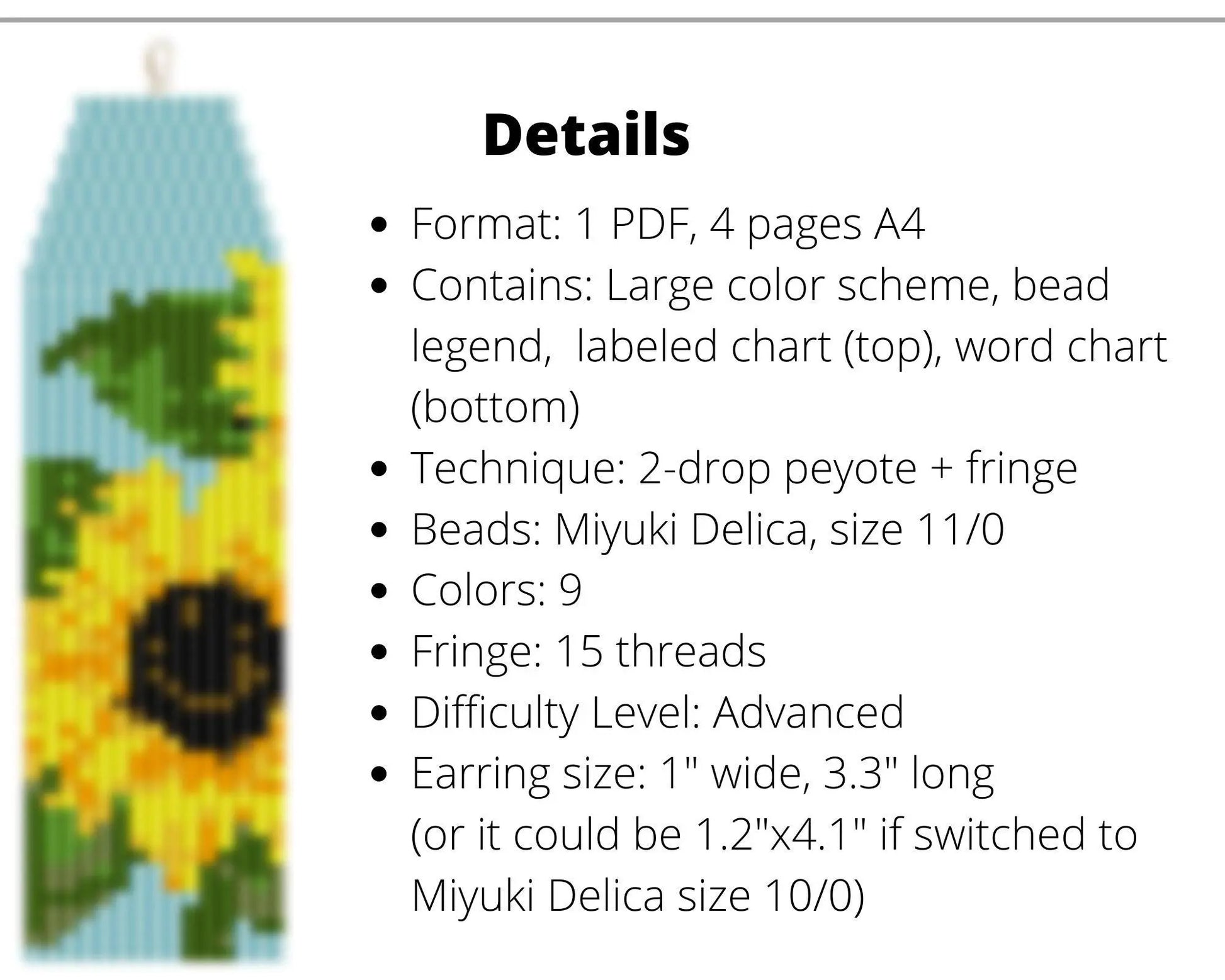 Sunflowers Asymmetrical Brick Stitch pattern for fringe beaded earrings - NikoBeadsUA