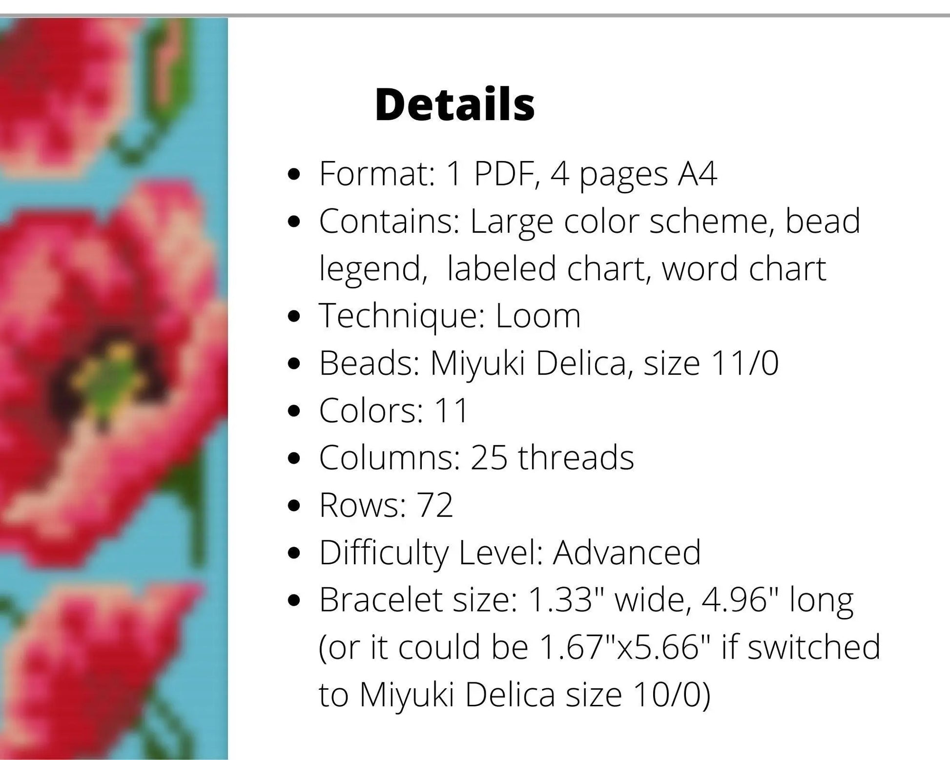 Poppy Loom pattern for wide beaded bracelet - NikoBeadsUA