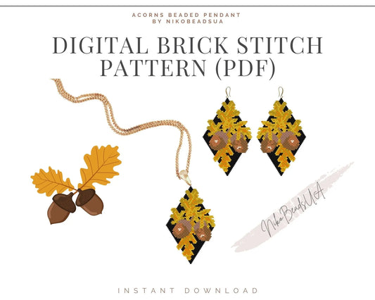 Acorn Brick Stitch pattern for beaded pendant and earrings NikoBeadsUA
