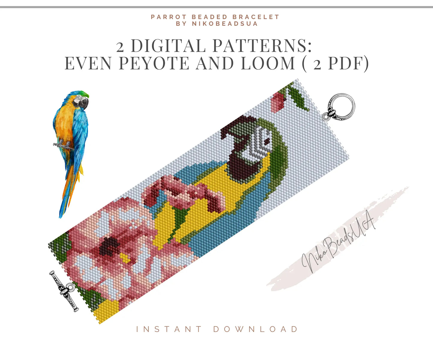 Ara Parrot even peyote pattern for beaded bracelet NikoBeadsUA