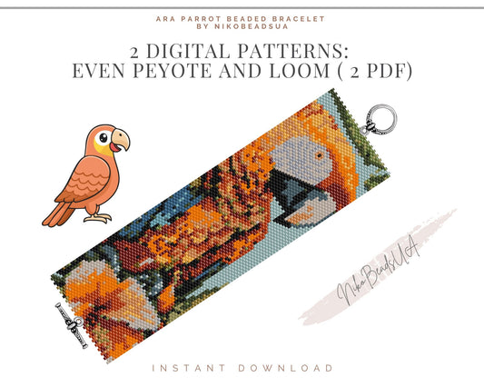 Ara Parrot even peyote and loom patterns for beaded bracelet or bookmark NikoBeadsUA