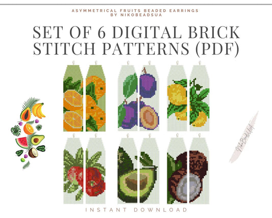 Asymmetrical Fruits Brick Stitch Fringe Beaded Earrings Patterns Bundle NikoBeadsUA