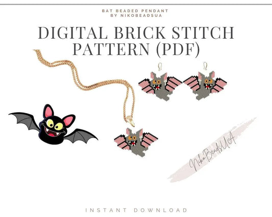 Bat Brick Stitch pattern for beaded pendant and earrings NikoBeadsUA