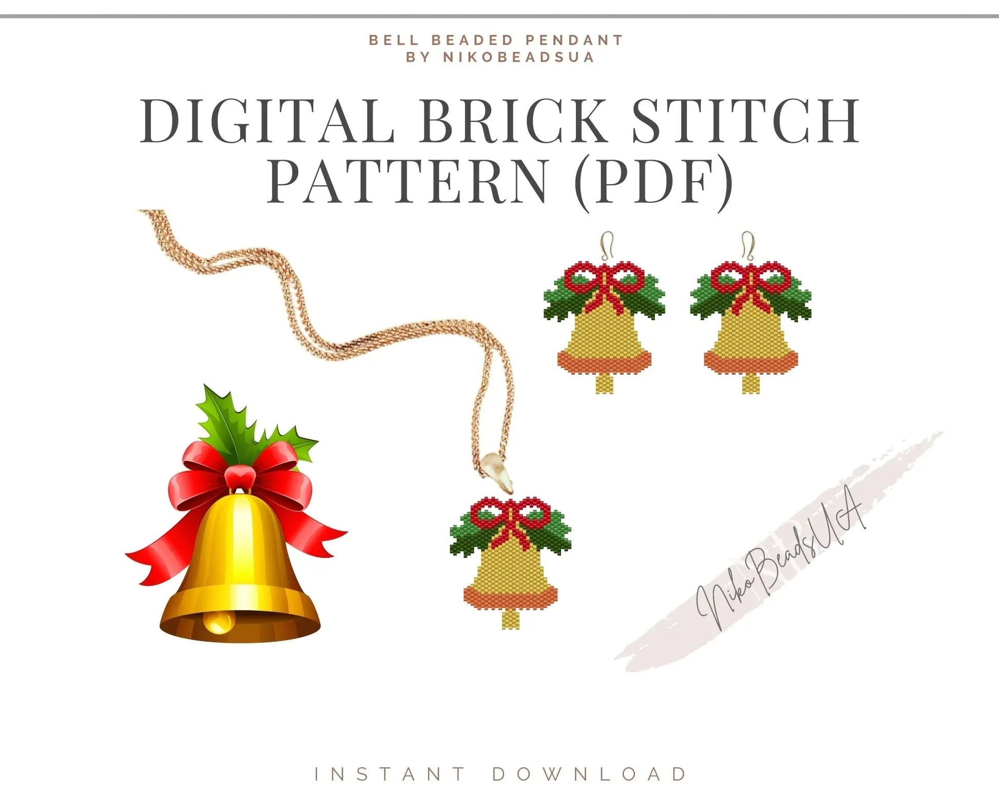 Christmas Bells Brick Stitch pattern for beaded pendant and earrings NikoBeadsUA